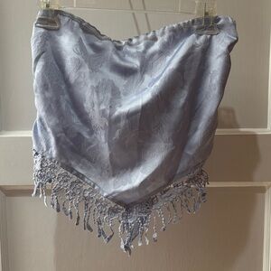 Periwinkle Satin Jacquard Fringe Strapless Crop Top